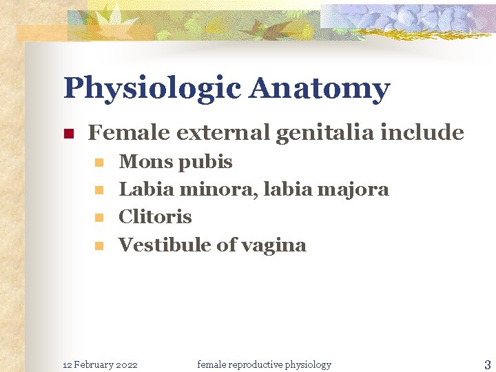 Physiologic Anatomy n Female external genitalia include n n Mons pubis Labia minora, labia