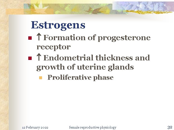 Estrogens n n Formation of progesterone receptor Endometrial thickness and growth of uterine glands