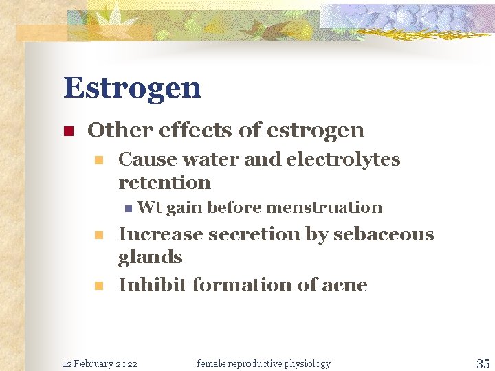 Estrogen n Other effects of estrogen n Cause water and electrolytes retention n Wt