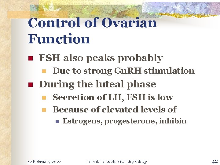 Control of Ovarian Function n FSH also peaks probably n n Due to strong