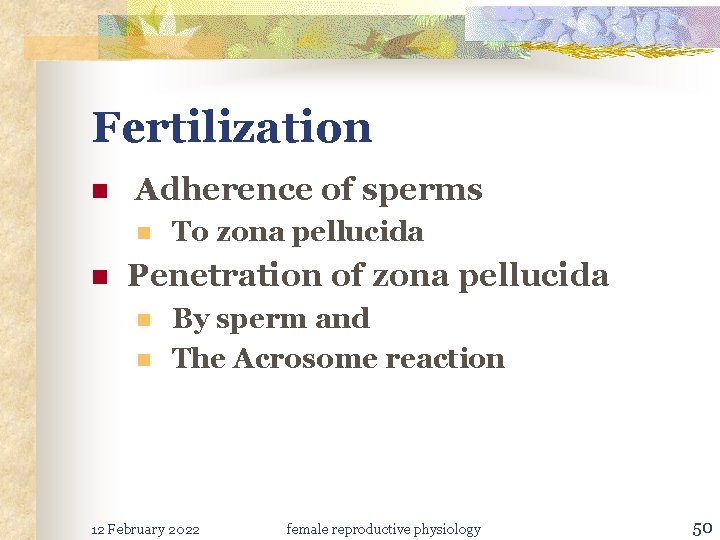 Fertilization n Adherence of sperms n n To zona pellucida Penetration of zona pellucida