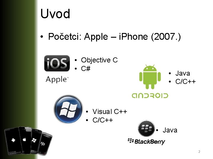 Uvod • Početci: Apple – i. Phone (2007. ) • Objective C • C#