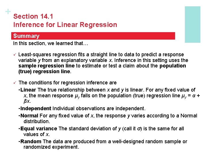 + Section 14. 1 Inference for Linear Regression Summary In this section, we learned