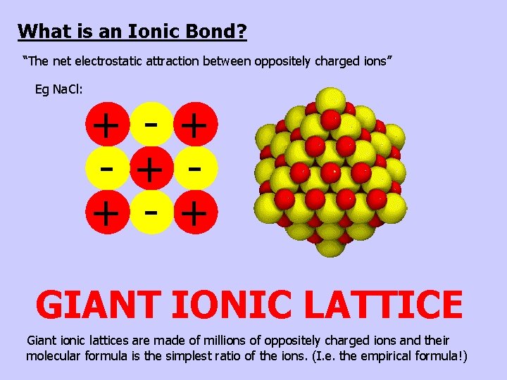 What is an Ionic Bond? “The net electrostatic attraction between oppositely charged ions” Eg