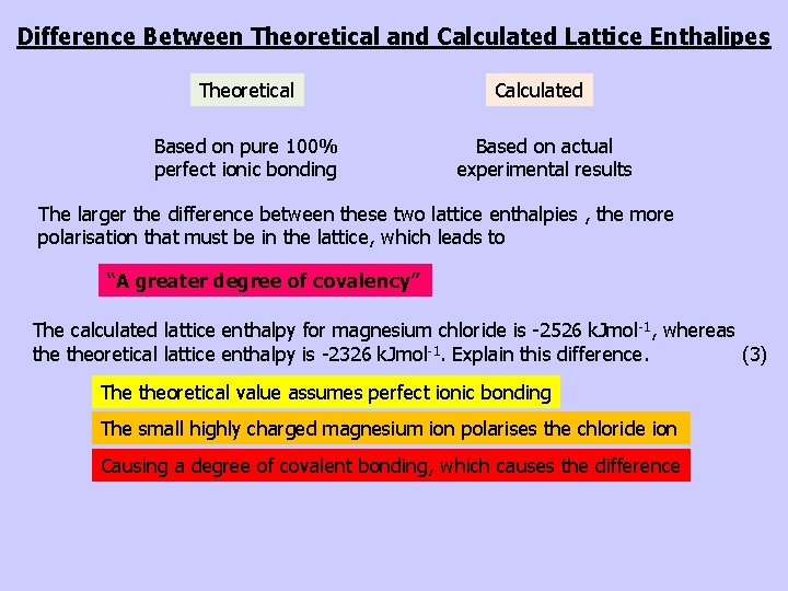 Difference Between Theoretical and Calculated Lattice Enthalipes Theoretical Calculated Based on pure 100% perfect