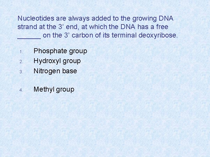 Nucleotides are always added to the growing DNA strand at the 3’ end, at