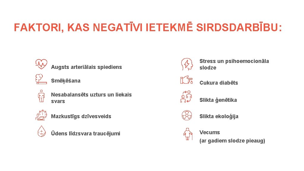 FAKTORI, KAS NEGATĪVI IETEKMĒ SIRDSDARBĪBU: Augsts arteriālais spiediens Stress un psihoemocionāla slodze Smēķēšana Cukura