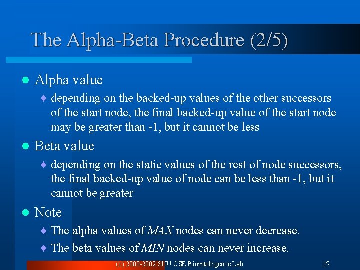 The Alpha-Beta Procedure (2/5) l Alpha value ¨ depending on the backed-up values of The Alpha-Beta Procedure (2/5) l Alpha value ¨ depending on the backed-up values of