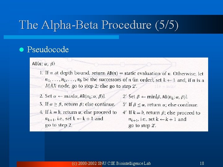 The Alpha-Beta Procedure (5/5) l Pseudocode (c) 2000 -2002 SNU CSE Biointelligence Lab 18 The Alpha-Beta Procedure (5/5) l Pseudocode (c) 2000 -2002 SNU CSE Biointelligence Lab 18
