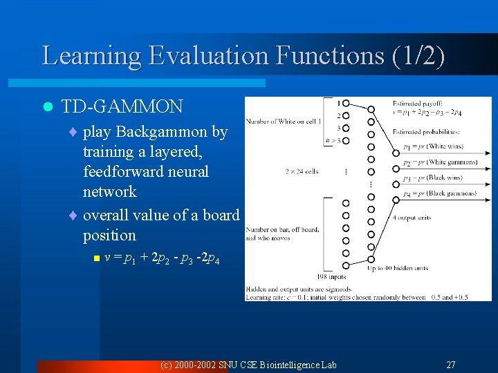 Learning Evaluation Functions (1/2) l TD-GAMMON ¨ play Backgammon by training a layered, feedforward