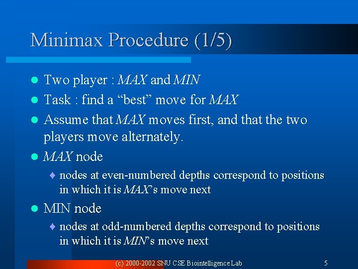Minimax Procedure (1/5) Two player : MAX and MIN l Task : find a Minimax Procedure (1/5) Two player : MAX and MIN l Task : find a
