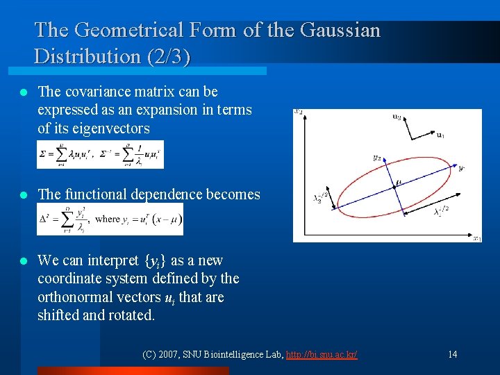 The Geometrical Form of the Gaussian Distribution (2/3) l The covariance matrix can be