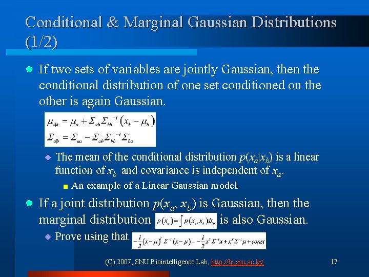 Conditional & Marginal Gaussian Distributions (1/2) l If two sets of variables are jointly