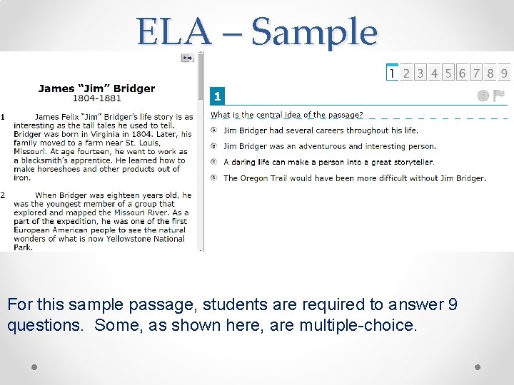 ELA – Sample For this sample passage, students are required to answer 9 questions.