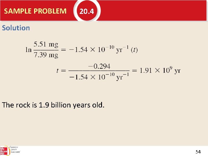 SAMPLE PROBLEM 20. 4 Solution The rock is 1. 9 billion years old. 54