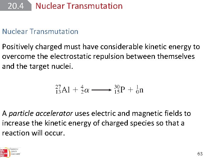 20. 4 Nuclear Transmutation Positively charged must have considerable kinetic energy to overcome the