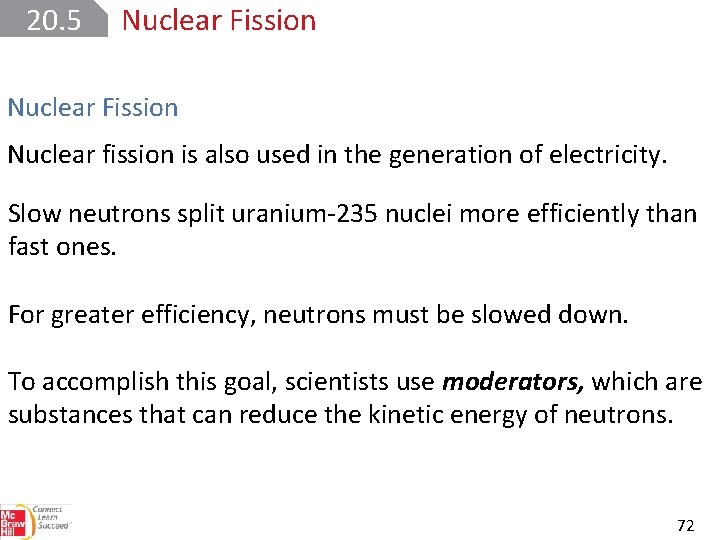 20. 5 Nuclear Fission Nuclear fission is also used in the generation of electricity.