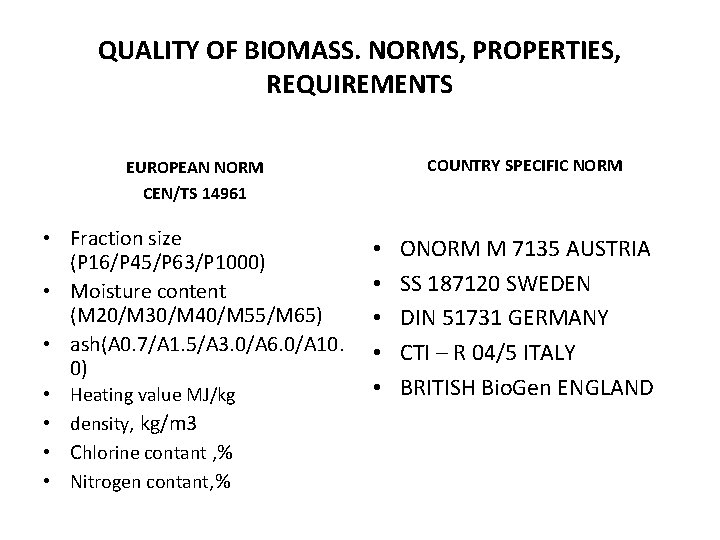 QUALITY OF BIOMASS. NORMS, PROPERTIES, REQUIREMENTS COUNTRY SPECIFIC NORM EUROPEAN NORM CEN/TS 14961 •