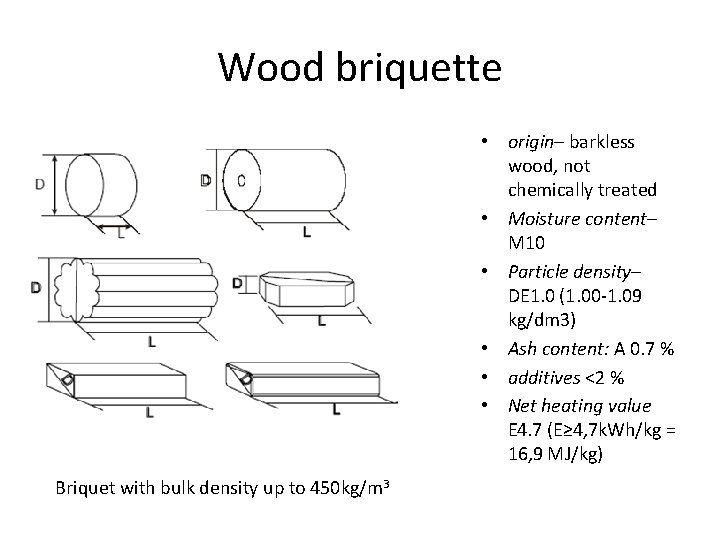 Wood briquette • origin– barkless wood, not chemically treated • Moisture content– М 10