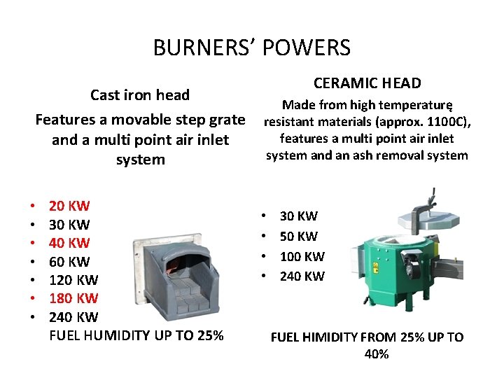 BURNERS’ POWERS Cast iron head Features a movable step grate and a multi point