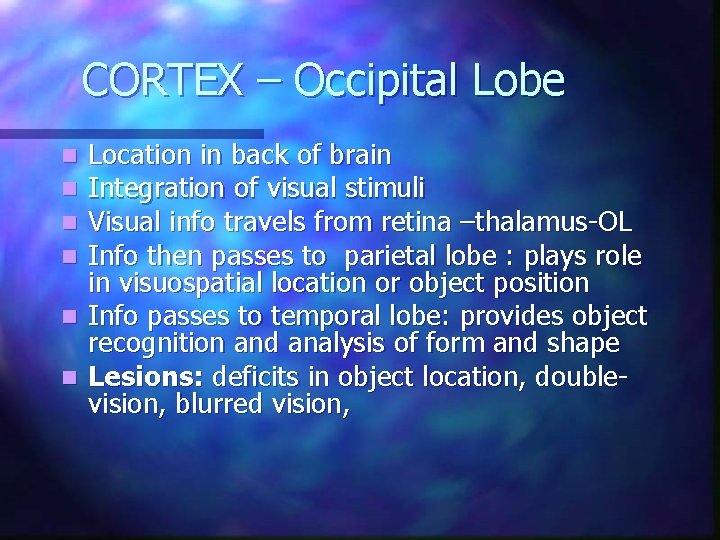 CORTEX – Occipital Lobe Location in back of brain Integration of visual stimuli Visual CORTEX – Occipital Lobe Location in back of brain Integration of visual stimuli Visual