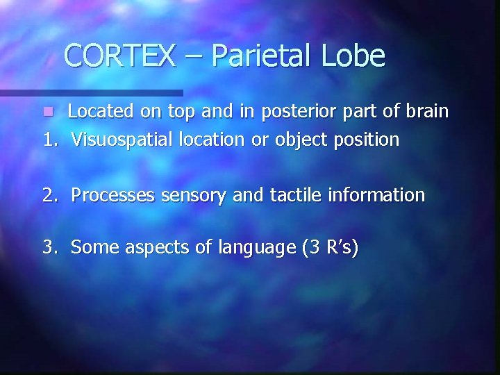 CORTEX – Parietal Lobe Located on top and in posterior part of brain 1. CORTEX – Parietal Lobe Located on top and in posterior part of brain 1.