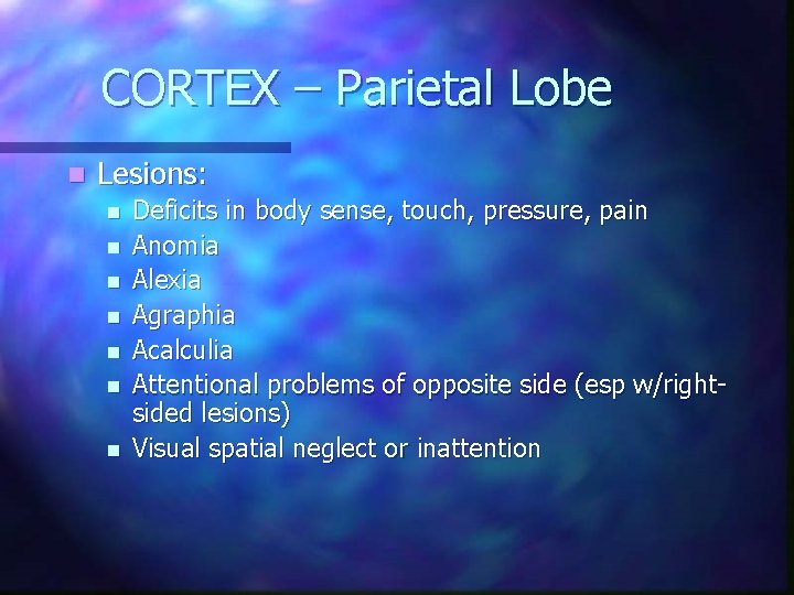 CORTEX – Parietal Lobe n Lesions: n n n n Deficits in body sense, CORTEX – Parietal Lobe n Lesions: n n n n Deficits in body sense,