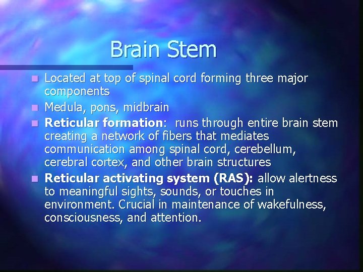 Brain Stem Located at top of spinal cord forming three major components n Medula, Brain Stem Located at top of spinal cord forming three major components n Medula,