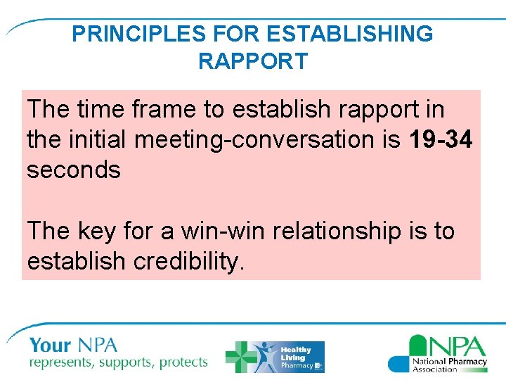 PRINCIPLES FOR ESTABLISHING RAPPORT The time frame to establish rapport in the initial meeting-conversation