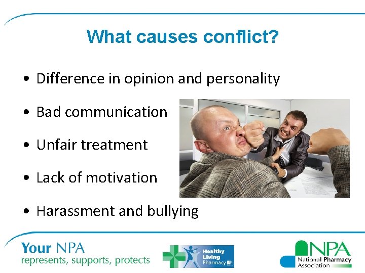 What causes conflict? • Difference in opinion and personality • Bad communication • Unfair