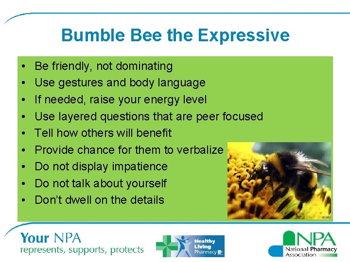 Bumble Bee the Expressive • • • Be friendly, not dominating Use gestures and