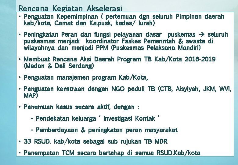 Rencana Kegiatan Akselerasi • Penguatan Kepemimpinan ( pertemuan dgn seluruh Pimpinan daerah kab/kota, Camat