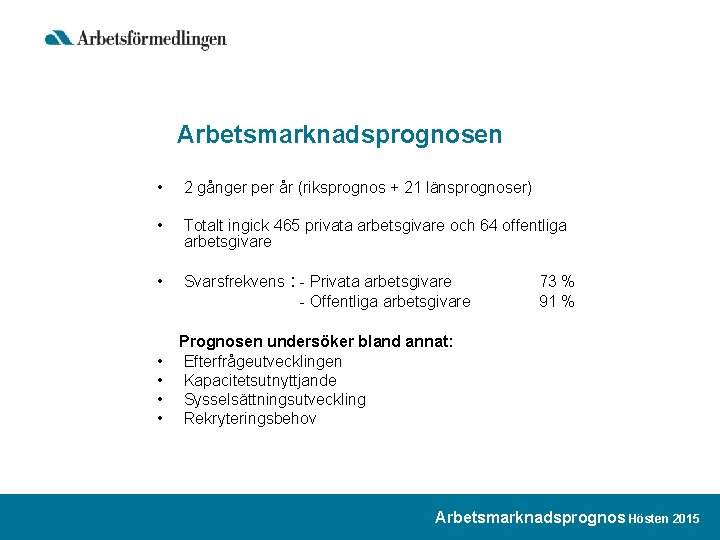 Arbetsmarknadsprognosen • 2 gånger per år (riksprognos + 21 länsprognoser) • Totalt ingick 465