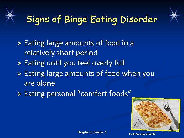 Signs of Binge Eating Disorder Eating large amounts of food in a relatively short
