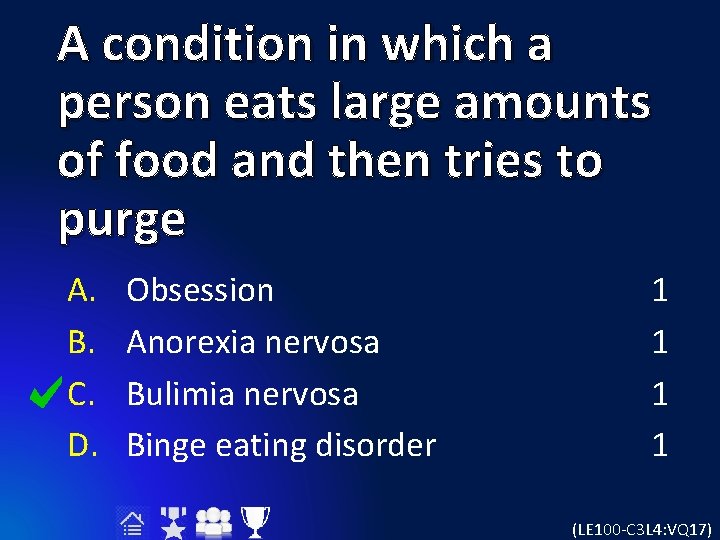 A condition in which a person eats large amounts of food and then tries