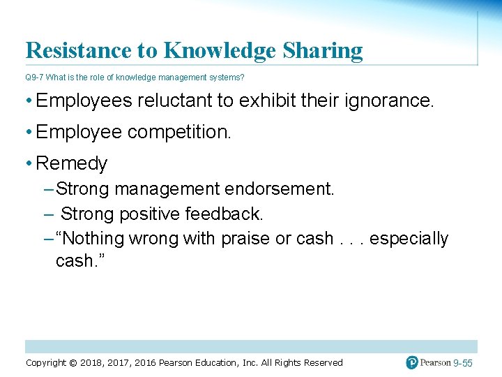 Resistance to Knowledge Sharing Q 9 -7 What is the role of knowledge management