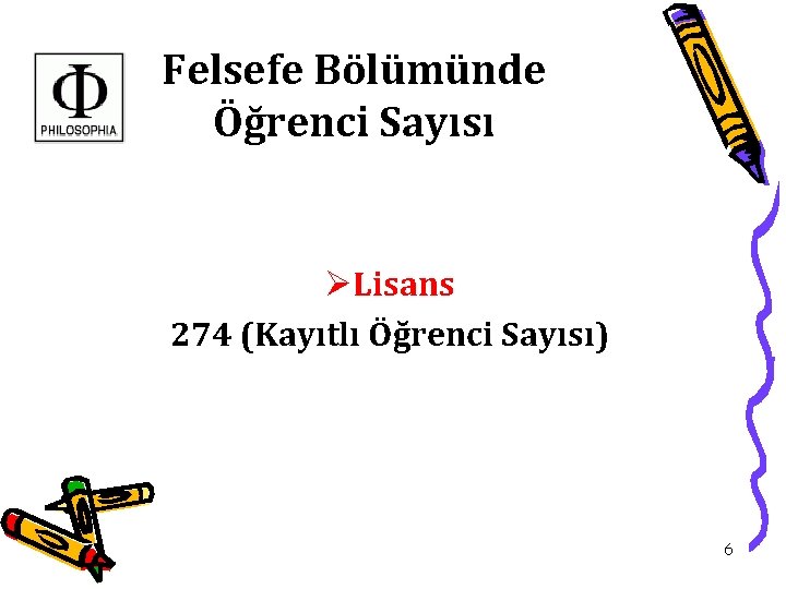 Felsefe Bölümünde Öğrenci Sayısı ØLisans 274 (Kayıtlı Öğrenci Sayısı) 6 