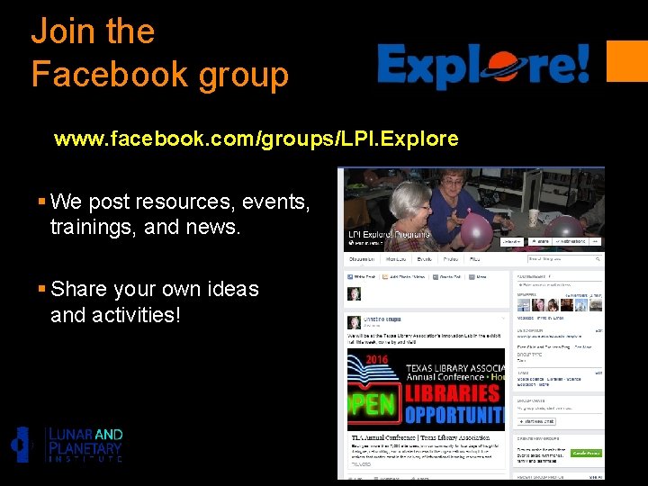 Join the Facebook group www. facebook. com/groups/LPI. Explore § We post resources, events, trainings,