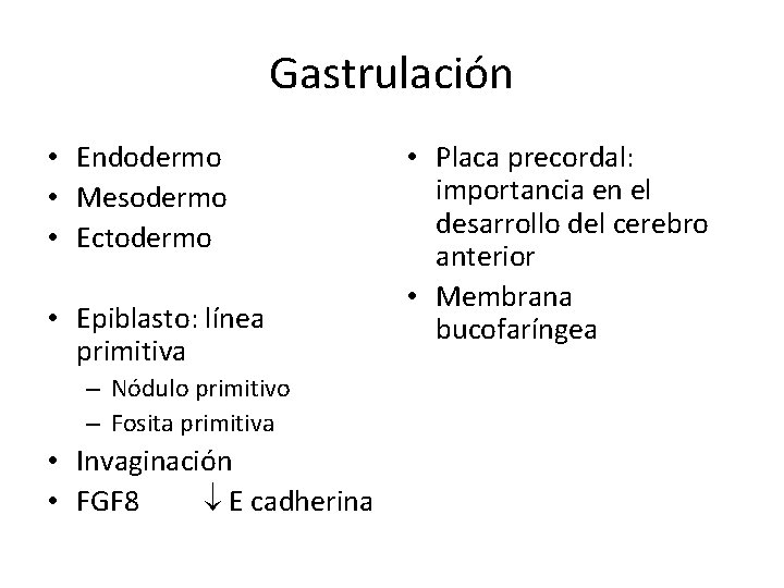 Gastrulación • Endodermo • Mesodermo • Ectodermo • Epiblasto: línea primitiva – Nódulo primitivo