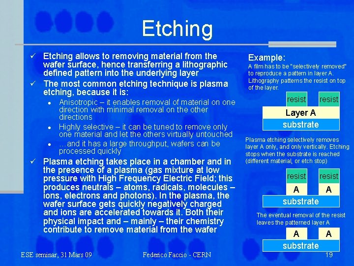 Etching allows to removing material from the wafer surface, hence transferring a lithographic defined