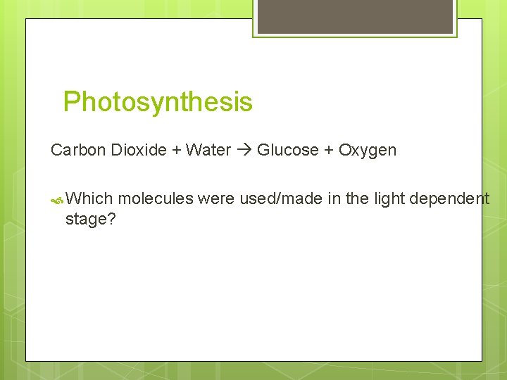 Photosynthesis Carbon Dioxide + Water Glucose + Oxygen Which stage? molecules were used/made in