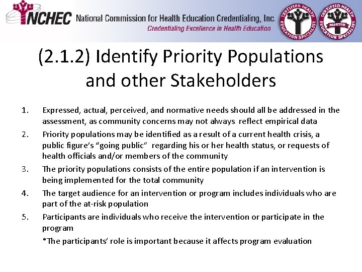 (2. 1. 2) Identify Priority Populations and other Stakeholders 1. 2. 3. 4. 5. (2. 1. 2) Identify Priority Populations and other Stakeholders 1. 2. 3. 4. 5.