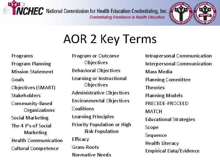 AOR 2 Key Terms Program Planning Mission Statement Goals Objectives (SMART) Stakeholders Community-Based Organizations AOR 2 Key Terms Program Planning Mission Statement Goals Objectives (SMART) Stakeholders Community-Based Organizations