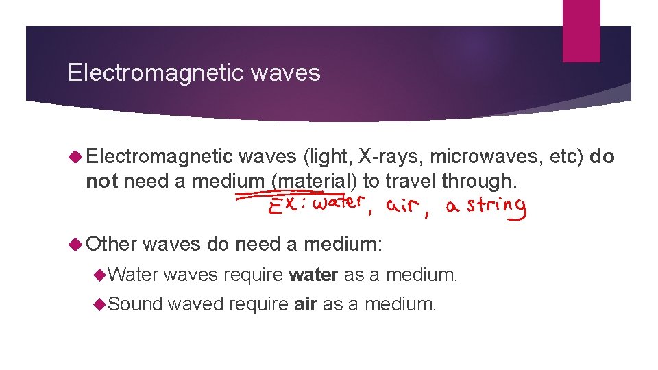 Electromagnetic waves (light, X-rays, microwaves, etc) do not need a medium (material) to travel