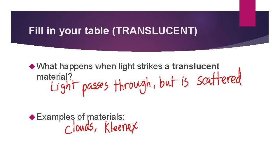 Fill in your table (TRANSLUCENT) What happens when light strikes a translucent material? Examples