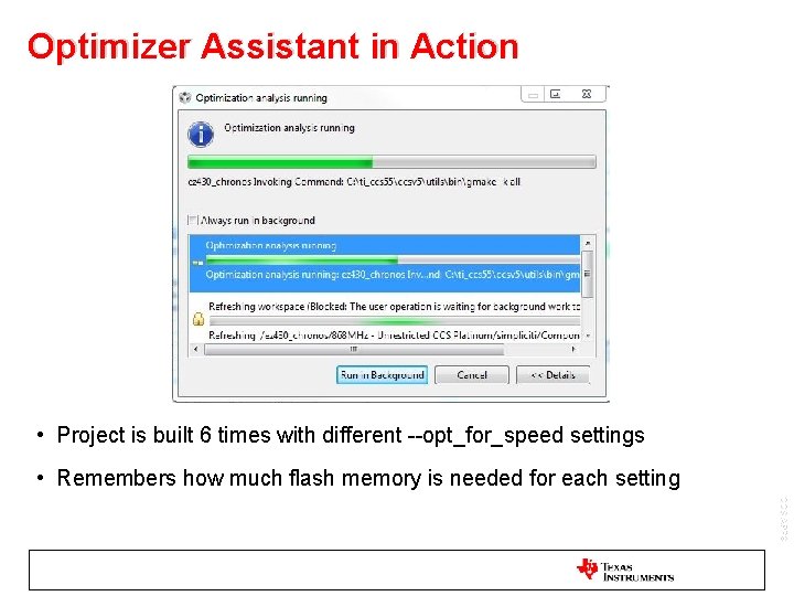 Optimizer Assistant in Action • Project is built 6 times with different --opt_for_speed settings