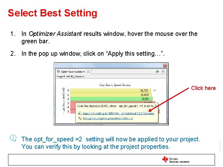 Select Best Setting 1. In Optimizer Assistant results window, hover the mouse over the