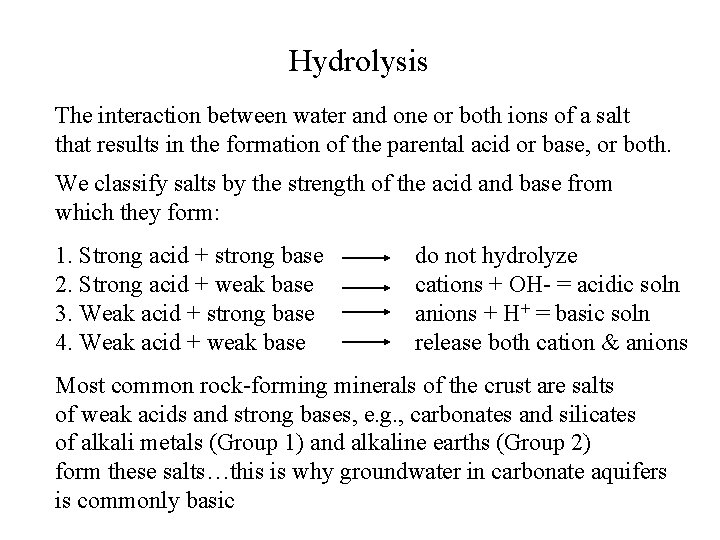 Hydrolysis The interaction between water and one or both ions of a salt that