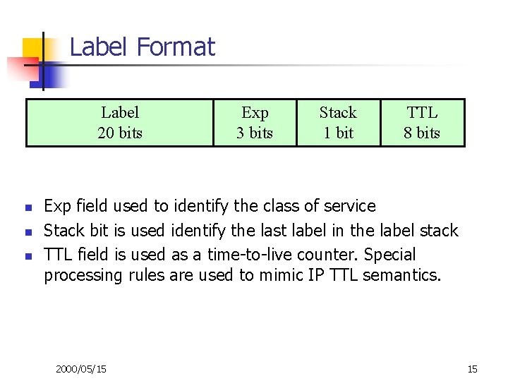 Label Format Label 20 bits n n n Exp 3 bits Stack 1 bit
