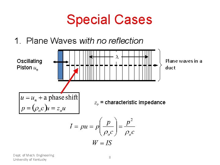 Special Cases 1. Plane Waves with no reflection Oscillating Piston un Plane waves in